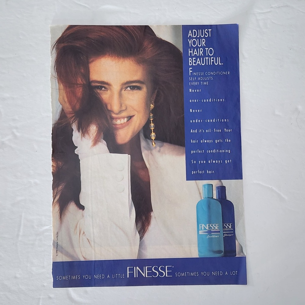 Vintage Print Ad Finesse shampoo conditioner pretty brunette model clipping 1990
